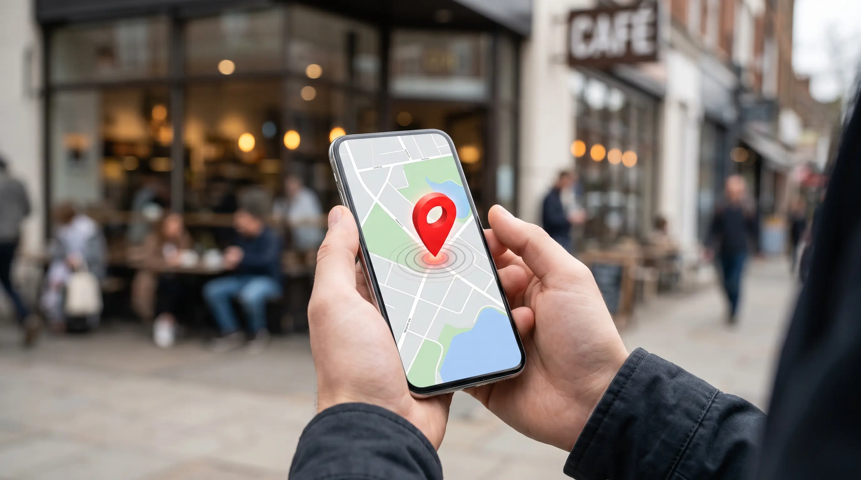 Hands holding a phone showing a map with a red location pin, on a street lined with shops and a café